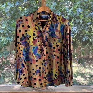 Multicolor Women's Vintage Yellow Polka Dot Printed Blouse Size M